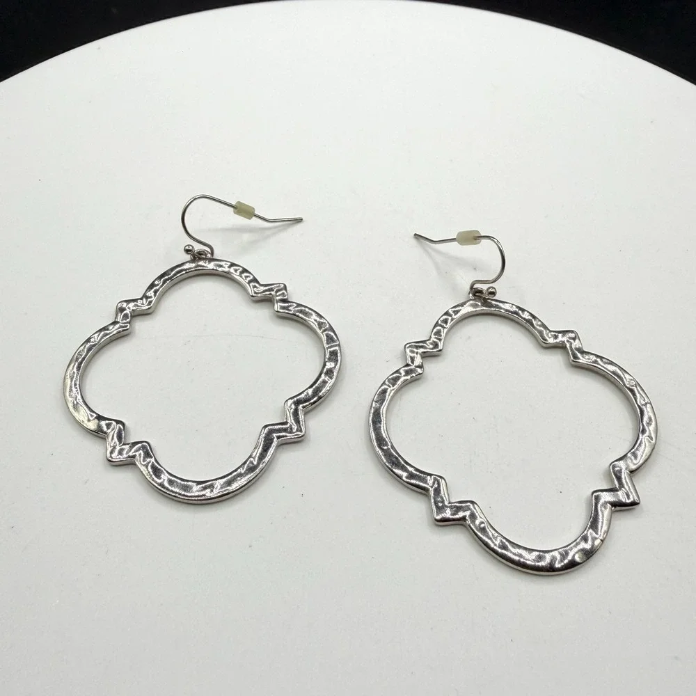 Silver Tone Hammered Quatrefoil Dangle Earrings Large Boho Statement Jewelry